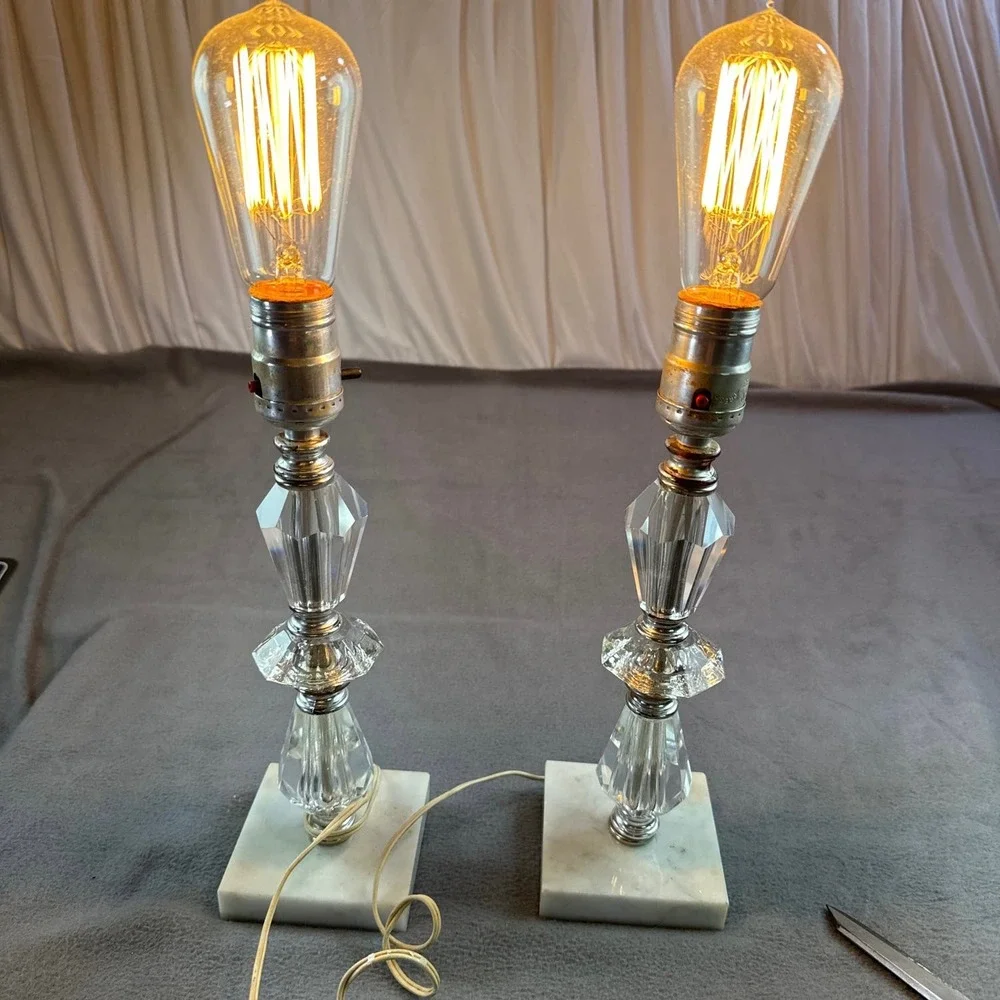 Vintage Clear Glass‎ Marble Base Boudoir Lamp Original Wiring